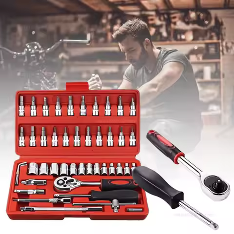 46pcs Car Repair Tool Set Blacksmith Motorcycle Repair Toolbox Ratchet Wrench Socket Combination Sle