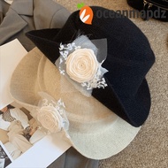 OCEANMAPDZ Black Knitted Hat, Lace Floral Hepburn Style Topper Hat, Elegant French Style Oversized W