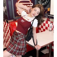 Second Hand 3-Piece Set White Crop Top + Spaghetti Strap + Red Plaid Skirt With Belt