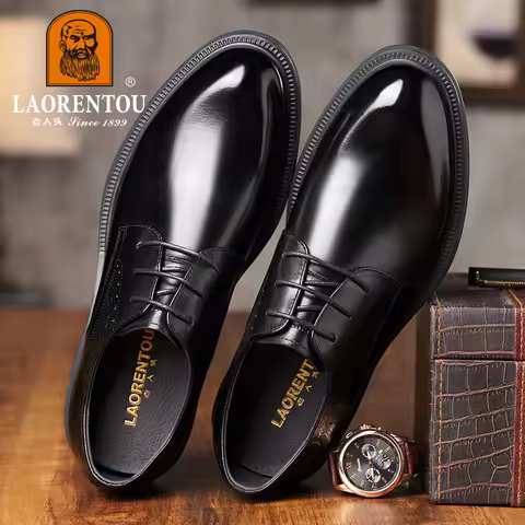 LAORENTOU men's business formal black men's commuting leather shoes, leather casual groom's wedding 