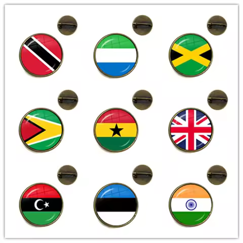 National Flag Brooches Trinidad,Sierra leone,Jamaica,Guyana,Ghana,UK,Libya,Estonia,India Glass Caboc