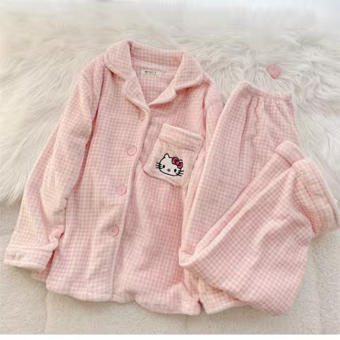 Hello Kitty Pajamas Flannel Cute Women'S Pajamas Set Fluffy Pajamas Plush Pajamas Tops Thickened Hom