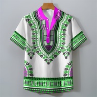 Men's African Dashiki Short Sleeve Shirt, Casual Loose Fit V-Neck Tunic with Traditional Ankara Geom