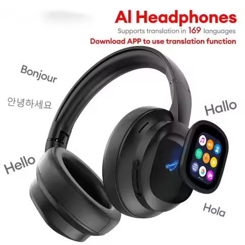 Wireless Headset Earphone With Touch Screen AI Translation 169 Languages 46-Hour Noise Cancelling He