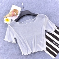 Honey Lovely เสื้อตัวในแบบสั้นครึ่งท่อนสั้นแบบใหม่ เสื้อผ้าตาข่ายแขนสั้นผู้หญิงเสื้อซับในผ้าไหมสดใสเ