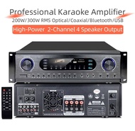 Professional Karaoke Power Amplifier High-Power 200W/300W RMS 2-Channel 4 Speaker Output Optical/Coa