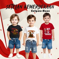 BOYS' INDEPENDENCE SUITS 2025 CHILDREN'S JEANS SHORTS 17 AUGUST MOTIF SCREEN-PRINTED T-SHIRT/ CHILDR