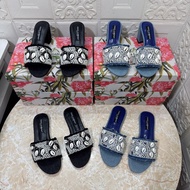 Denim Rhinestone Craft Slippers - Sheepskin Lined with Genuine Leather Outsole | Flat & Heeled Optio