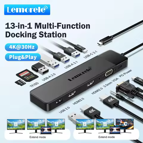 Lemorele 13Ports USB Hub Type C Hub USB Docking Station Dual HDMI 4K30Hz VGA USB3.0 Adapter for Macb