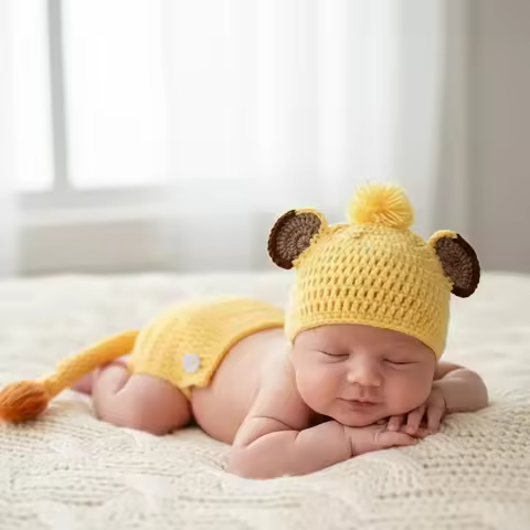 Hand-Knitted Lion Outfit & Hat for Baby Photography Props. Cute Animal Onesie for Photo Studio Shoot