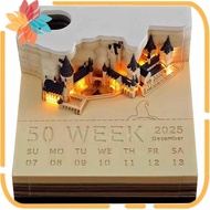 Time Piece Calendar, 2025 Desk Calendar Memo Pad, 3D Magic Castle Time Piece Notepad with Lights