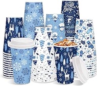JarThenaAMCS 60Pcs Christmas Coffee Cups with Lids Sleeves 16oz Blue Snowflake Xmas Tree Snowman Pap