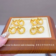 Subang Telinga Perempuan Titanium Steel 24K Gold Plated Double Hoop Studs Anti Karat