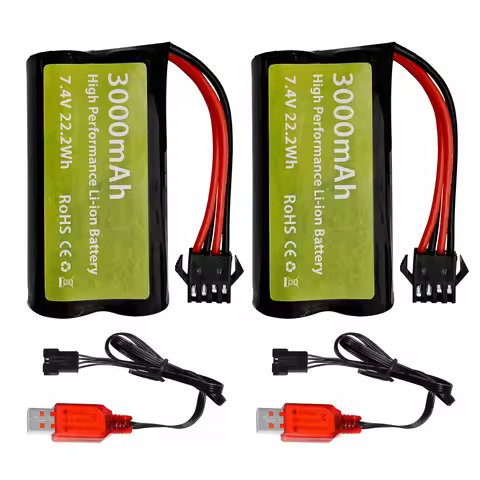 2PCS 7.4V 3000mAh 15C 2S SM-4P Plug Li-ion Battery With USB Charging Cable For EC08 DE85 RC Car, Tru