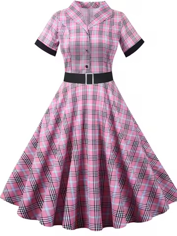 2024 New Fashion Elegant Short Sleeve Suit Collar Slim Fit Dress Vintage 1950s 60s Plaid Print Party