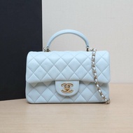 CHANEL CF手提大mini20藍色羊皮晶片開金扣21K肩背包