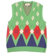 GUCCI 21AW 653841 100%純棉GG菱格紋V領針織背心，綠色，S碼，義大利製造，正品男士，成色極佳。