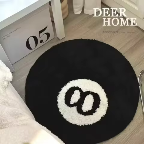 VIKAMA Black Billiards 8 Ball Round Flocked Floor Bedroom Anti-Slip Carpet Mat Living Plush Soft Bed