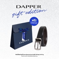 DAPPER เข็มขัดผู้ชาย หนังแท้ Metal Brushed Pin Buckle Slim Belt สีดำ + DAPPER Gift Bag
