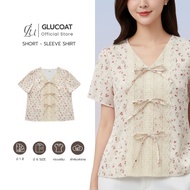 Gluecoat | [U910] V-Neck Shirt With Floral Print And Lace Trim Decorated With 3 Bows