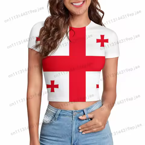 Women Georgia Ghana Flag Print Crop Tops T-shirt Short Sleeve Neck Girls Y2K Tee Jersey Casual Stree