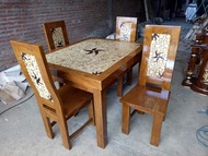 Meja Makan tebal mewah kayu jati motif Koin kerang set 4 kursi GRATIS KACA MEJA
