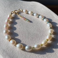 天然珍珠 彩虹碧璽 || 小方塊 美國 14KGF手鍊 手鏈 可改頸鏈