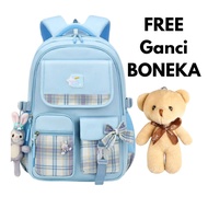 Tas Ransel Anak Perempuan Premium Bahan Oxford Desain Geometris dengan Aksesoris Free