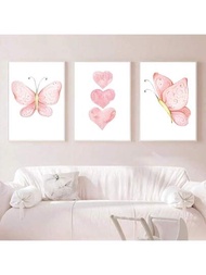 3入組粉紫色心形帶蝴蝶情境畫布壁畫，北歐風格嬰兒房海報，適用於女嬰房裝飾，無框
