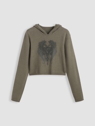 Cider Knit Heart &amp; Wings Graphic Hooded Crop Sweater