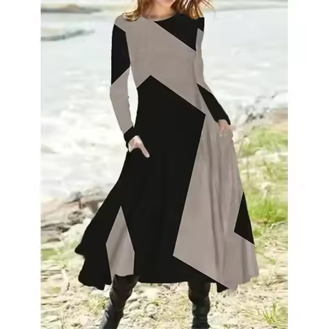 Long Dress Casual Eid Style Retro Autumn and Winter Long Sleeved Oversized Swing Maxi Dresses Patchw