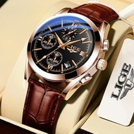 นาฬิกาแฟชั่นควอตซ์อะนาล็อกสายรัดหนังนาฬิกากันน้ำสำหรับผู้ชายแท้ของ LIGE สำหรับผู้ชายนาฬิกากีฬาวันที่ Relo