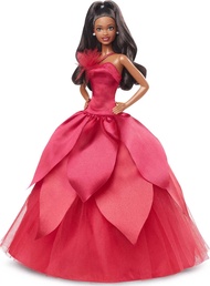 Barbie Signature 2022 Holiday Doll, Dark-Brown Wavy Hair Wearing Red Poinsettia-Inspired Gown, Colle