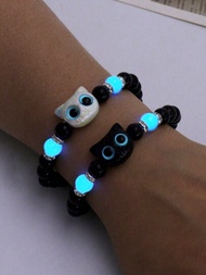 2 Piezas/set Pulsera De Mano Con Cuentas De Estilo Ins Que Brillan En La Oscuridad Con Cuentas Con Forma De Gato Negro O Blanco Y Ojos Azules, Excelente Como Regalo Para Parejas O Amigos