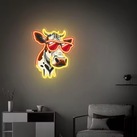 Cartoon Cow UV Printed Neon Sign, Cow with Cool Sunglass Neon Sign, Home Bedroom Decor, Farm Cow Neo