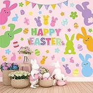 JarThenaAMCS 9 Sheets Happy Easter Wall Stickers Colorful Bunny Rabbit Egg Large Room Mural Decals f