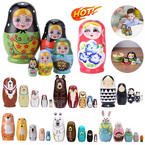 5Pcs Lovely Matryoshka Wooden Dolls Nesting Babushka Russian Hand Paint for Kids Christmas Toys Gift
