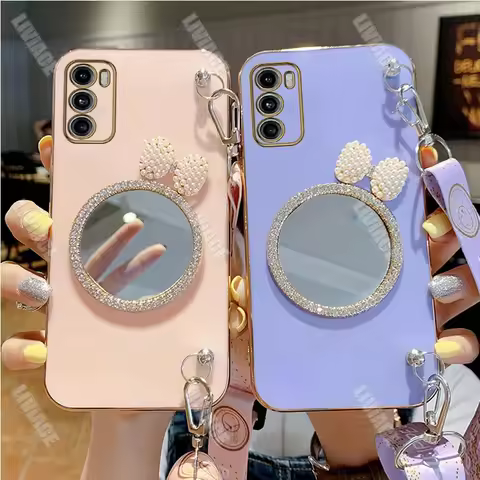 Glitter Bow Pearl Mirror Lanyard Strap Case For Motorola Moto G8 G9 G50 G30 G20 G10 G40 G60S G22 G23