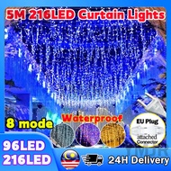 【24H】5M 216LED Lampu Raya Icicle Curtain String Lights Droop 8 Modes Muharram Outdoor Lighting Decor