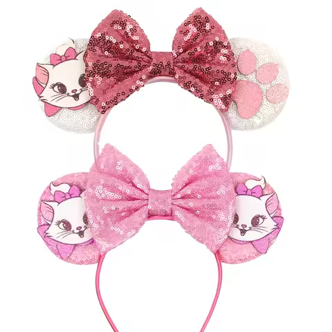 Kawaii Disney Mickey Mouse Ears Headbands For Girls Marie Cat Hairbands Headwear Adults Women Sequin