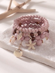 4pcs/Set Boho Style Starfish, Seashell & Bead Decor Layered Bracelet Set, Suitable For Women's Daily