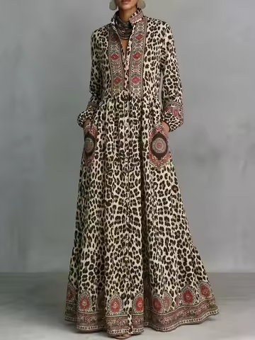 UOOZEE 2026 Vintage Ethnic Printed Leopard Maxi Dresses Women Long Sleeves High Waist Elegant Evenin