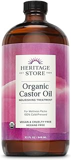 HERITAGE STORE Organic Castor Oil, Nourishing Hair Treatment, Deep Hydration for Healthy Hair Care, Skin Care, Eyelashes &amp; Brows, Castor Oil Packs, Cold Pressed, Hexane Free, Vegan, Cruelty Free 32oz