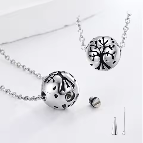 Punk Sphere Tree of Life Urn Necklace Stainless Steel Pendant for Memorial Pet Ashes Hair Perfume Ke