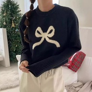 [HZA] Bow Pattern Knitted Short Long Sleeve round Neck Sweater