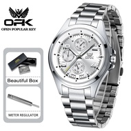 OPK นาฬิกากันน้ำผู้ชายต้นฉบับแฟชั่นมินิมอลสแตนเลสสายนาฬิกาข้อมือมัลติฟังก์ชั่โครโนกราฟนาฬิกาควอตซ์ลู
