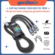 100W 3-Head Fast Charging Cable 1m2 Long Supports 3-in-1 Fast Charging Anti-break, Anti-Tangle GenZt