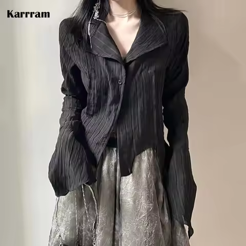 Karrram Gothic Black Shirt Yamamoto Style Dark Aesthetic Blouse Women Irregular Designer Clothes Emo