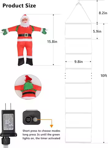 Christmas Decorations LED Ladder Lights with Climbing Santa Claus, 10ft Outdoor Christmas Decorative