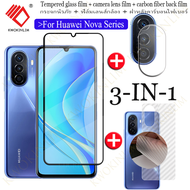 (3 in 1) กระจกนิรภัย Huawei Nova Y70 Y71 Plus Nova Y90 Y91 Nova 8i 9se Nova 7(5G) 7i 7SE Cover กระจกเทมเปอร์ปกป้องหน้าจอฟิล์ม + ฟิล์มเลนส์กล้อง + ฟิล์มคาร์บอนไฟเบอร์ด้านหลัง